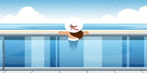 Back view of woman relaxing beside at swimming pool, Vector illustration.