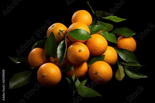 Collection of ripe oranges with green leaves isolated on black background