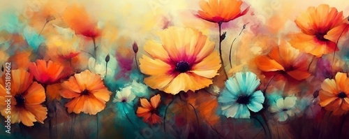 An illustration of colorful flowers panorama background. Created with Generative AI technology © mafizul_islam