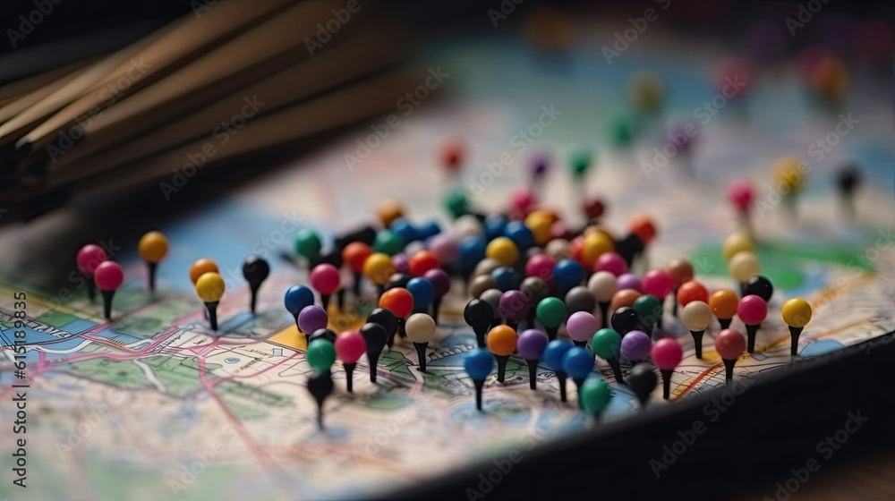 close up of a map with many colored pins on it. travel planning concept. Generative AI close up of a map with many colored pins on it. travel planning concept. Generative AI