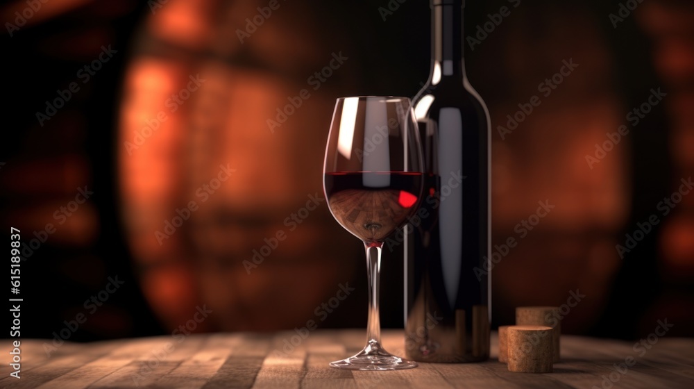  red wine bottle and wine glass on wooden barrel macro lens