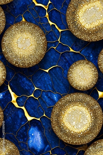 colourful and shaining sapphire blue marble, gold veins, and a vivid graphite geode ground area  photo