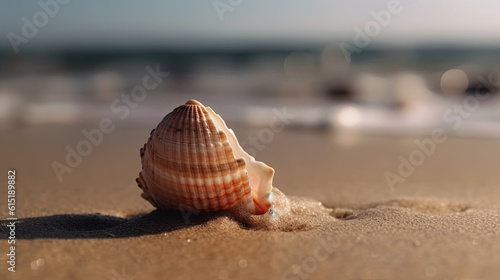 a pretty shell on the sandy beach in the background the sea is defocused. concept for summer holidays in the sun. Generative AI