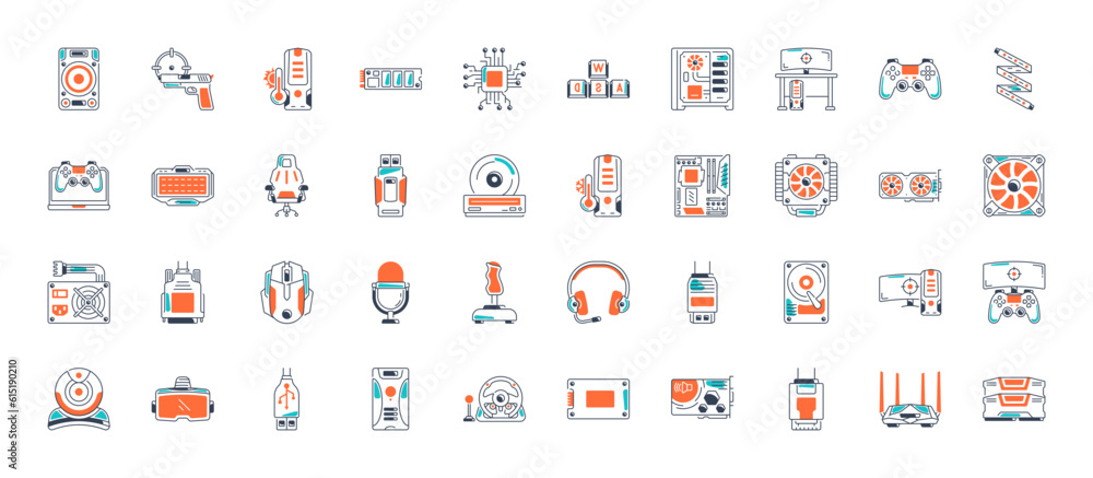 Simple Set of Gaming PC Vector Icons. Contains such Icons as Case, Graphic Card , SSD, Computer, Motherboard and more. Simple Set of Gaming PC Vector Icons. Contains such Icons as Case, Graphic Card , SSD, Computer, Motherboard and more.