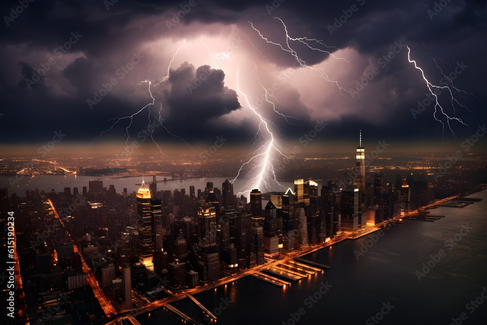 rain clouds with lightening on the new york city sharp clear style 3 - obrazy, fototapety, plakaty 