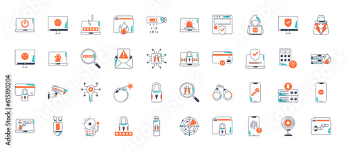 Cyber crime and security icon set. Data protection symbol. Secured network icon collection. Technology concept. Vector illustration. 