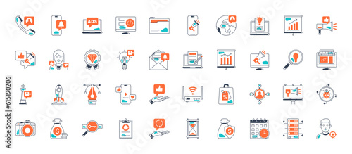 Digital marketing icon set. Containing seo, content, website, social media, sales and online advertising. Solid vector symbol collection.
