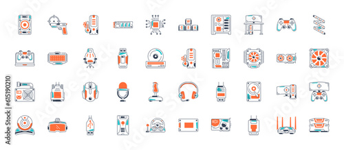 Simple Set of Gaming PC Vector Icons. Contains such Icons as Case, Graphic Card , SSD, Computer, Motherboard and more. 