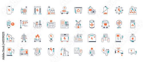 Energy icon set. Collection of renewable energy, ecology and green electricity icons. Vector illustration.
