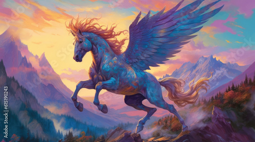 A purplishblue pegasus bathed in a magical glow descending from the heavens and coming Fantasy art concept. AI generation