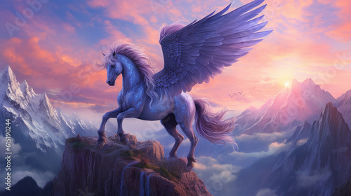 Vászonkép A purplishblue pegasus bathed in a magical glow descending from the heavens and coming Fantasy art concept