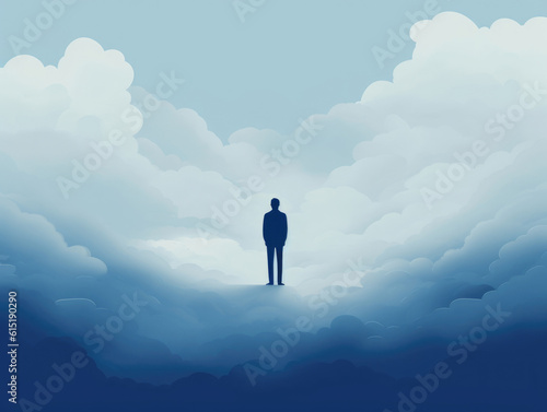 A person surrounded by a thick fog of sadness unable to see clearly. Psychology art concept. AI generation