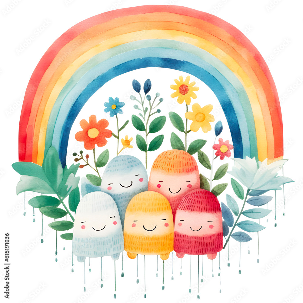 Cute boho floral watercolor rainbow clipart with transparent background, created with generative AI technology