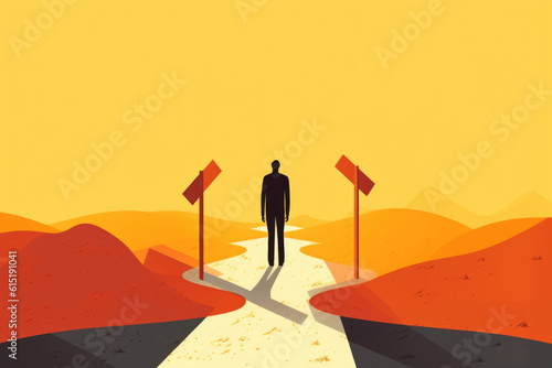 A person standing at a crossroads of indecision unable to decide which path to take. Psychology art concept. AI generation