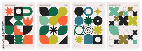 Abstract geometric poster set influenced by minimalism and modernism. Covers or artistic prints in neo geo and Bauhaus styles with circles, squares and geometrical shapes. Simple vector patterns.