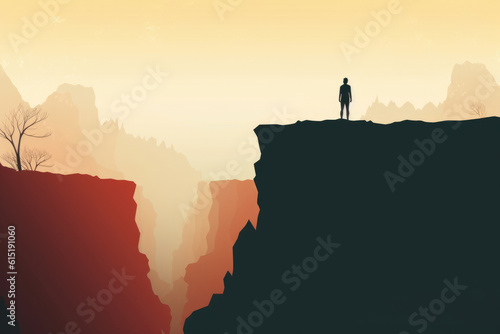 A silhouetted figure standing alone at the edge of a cliff with a look of uncertainty. Psychology art concept. AI generation