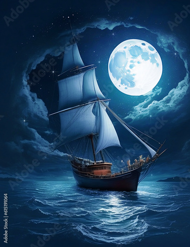 Old Ship in Sea Full Moon Illustration. generative AI Illustration.