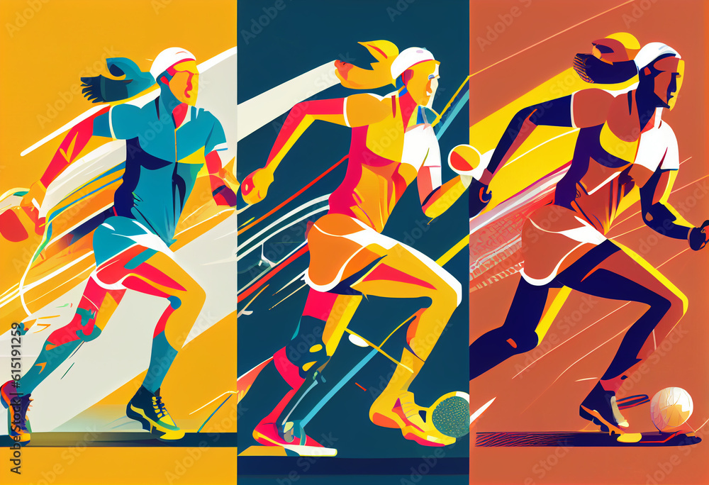 A group of people are engaged in different sports, vector illustration style. AI generated.