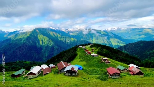 Time lapse video of Pokut plateau in the Black Sea Karadeniz region in Rize, Turkey. Traditional wooden houses of Black Sea region highlands. Pokut is one of Rize's highest altitude summer resorts. photo