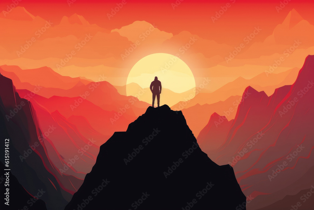 A person stands atop a mountain looking out over the vast landscape conveying courage to take on a challenge. Psychology art concept. AI generation