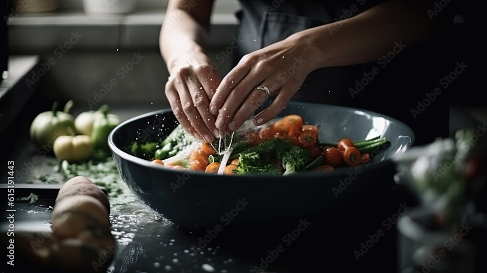 close up of a woman washing vegetables in a bowl in kitchen. Generative AI