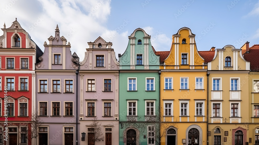 old colorful painted architecture building in europe. historical old city. Generative AI
