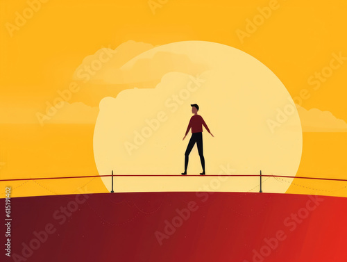 A person walking a tightrope representing taking risks. Psychology art concept. AI generation