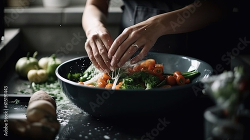 close up of a woman washing vegetables in a bowl in kitchen. Generative AI