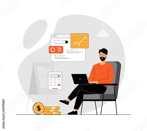 Search engine optimization SEO budget. Calculation of costs for website promotion. Analysis graphics and charts. Illustration with people scene in flat design for website and mobile development.