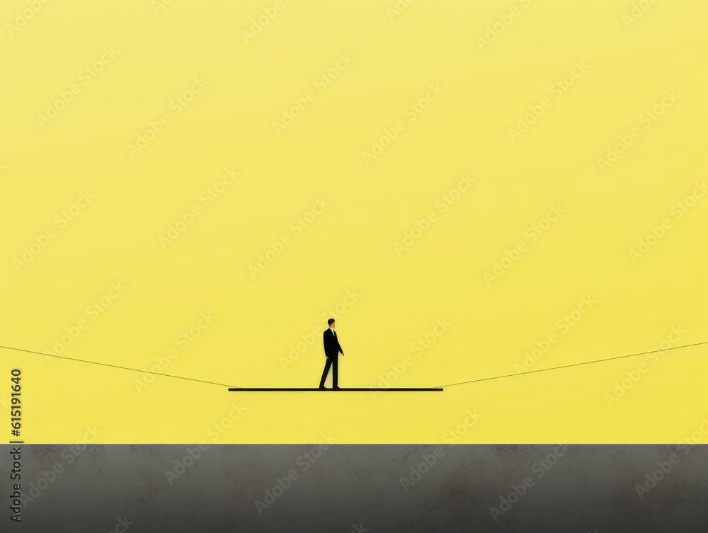 A person walking on a tightrope representing the balance of motivation between two opposite choices. Psychology art concept. AI generation A person walking on a tightrope representing the balance of motivation between two opposite choices. Psychology art concept. AI generation
