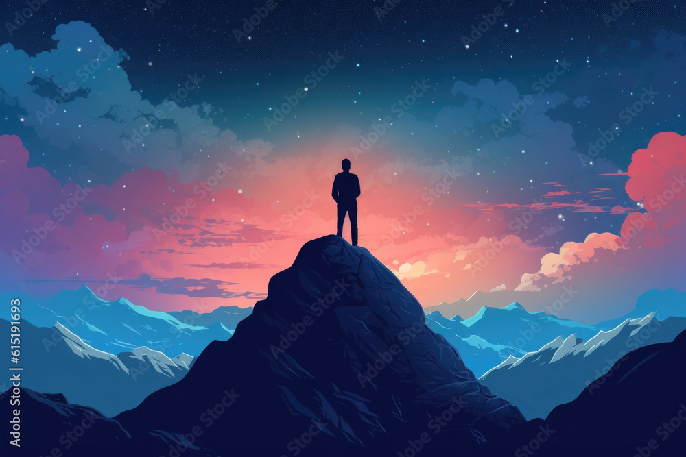 A person standing at the top of a mountain looking into a bright starry night sky. Psychology art concept. AI generation
