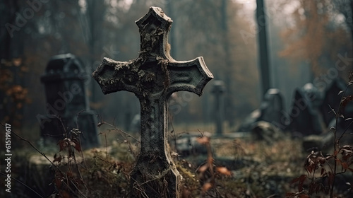 an old cross in a cemetery. halloween scary horror concept. Generative AI
