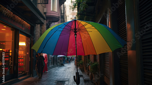 a rainbow colored umbrella flies through the streets of a city. Generative AI