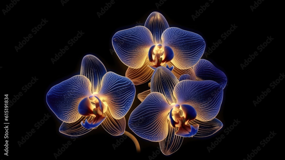 Blue orchids in a purple background with stars Blue orchids in a purple background with stars