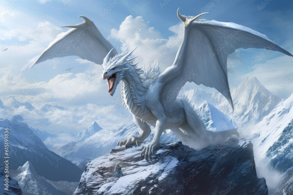 © Justlight - A majestic white dragon perched atop a snowcapped mountain looming over the valley Fantasy art concept. AI generation © Justlight - A majestic white dragon perched atop a snowcapped mountain looming over the valley Fantasy art concept. AI generation