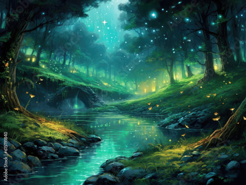 An emerald valley filled with fireflies and the playful laughter of fairies dancing Fantasy art concept. AI generation