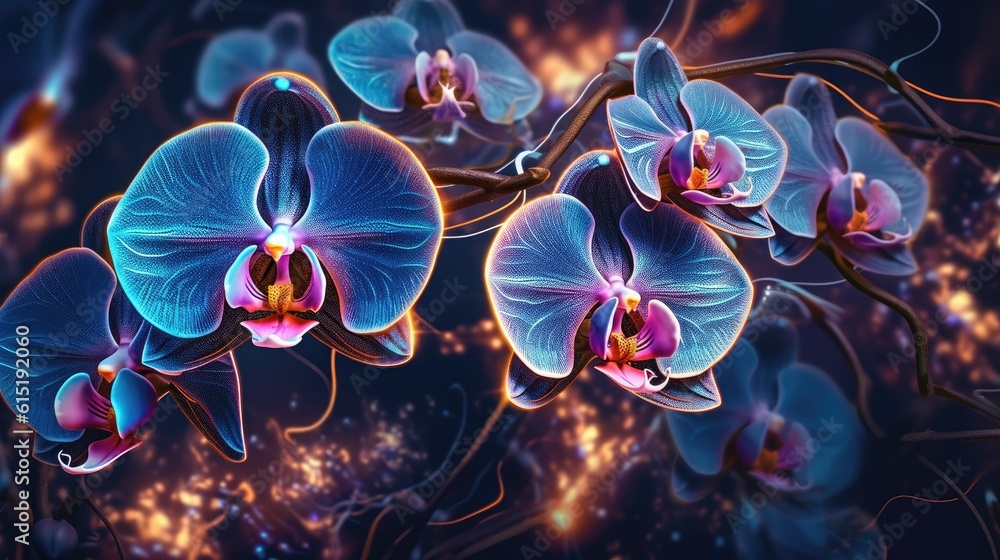 Blue orchids in a purple background with stars Blue orchids in a purple background with stars