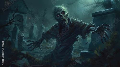 The zombie stumbles along in a graveyard its undead arm outstretched searching for Fantasy art concept. AI generation