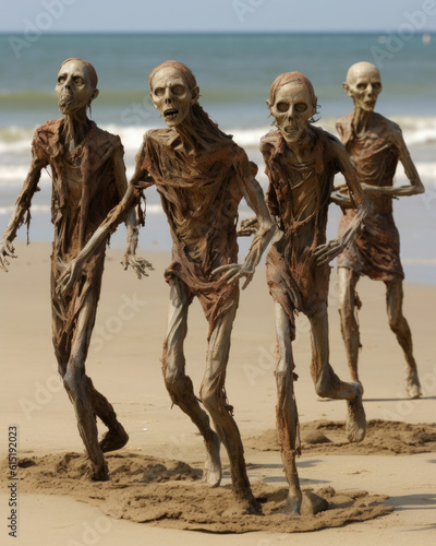 A zombie shambles on the beach lurching with each step limbs awash with sand and seaweed. Fantasy art concept. AI generation