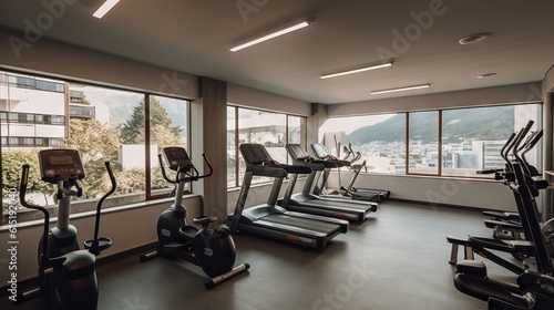 Interior of a premium Gym with multiple empty tredmills 