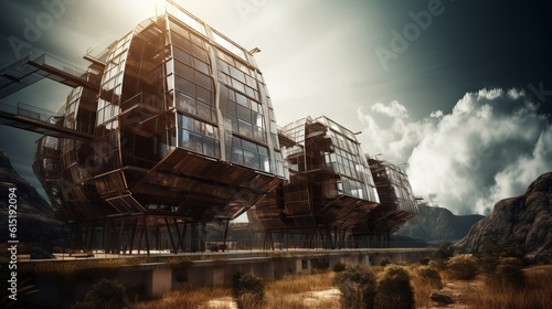 Image of futuristic construction with solar panels, generative ai