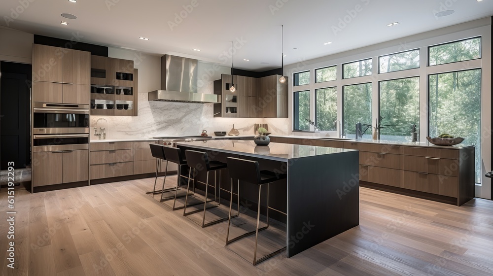 modern kitchen interior, natural lighting, dark theme, generative ai