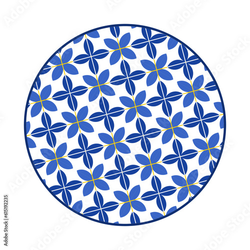 Porcelain plate with traditional blue on white design in Asian style. design pattern for background, plate, dish, bowl, lid, tray, salver, vector illustration art embroidery. leaves and flower plate.