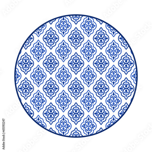 Porcelain plate with traditional blue on white design in Asian style. design pattern for background, plate, dish, bowl, lid, tray, salver, vector illustration art embroidery. culture symbol plate.