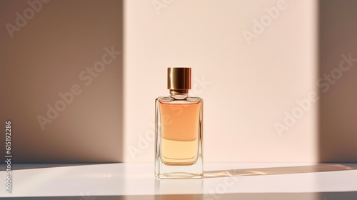 Perfume bottle mockup on a beige background with shadows. AI