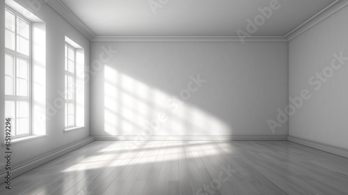 Empty room with a big window and a light on the wall. AI