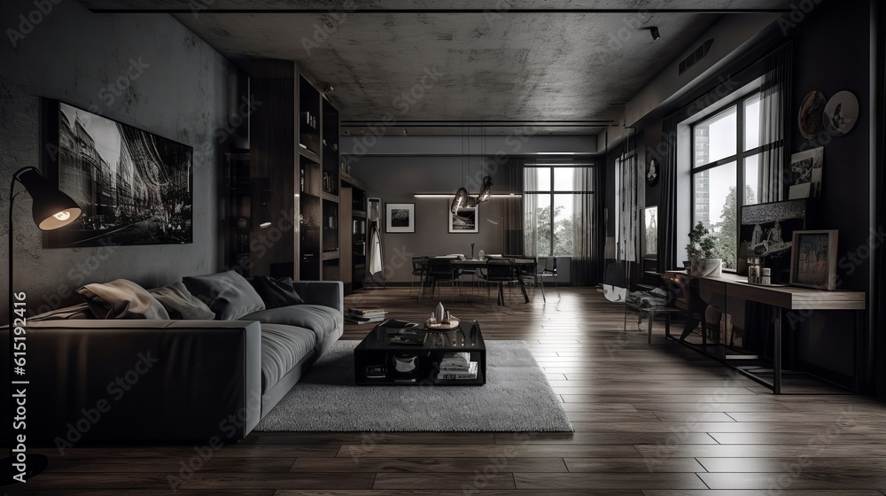 Modern Living room, natural lighting with dark grey theme wall and sofa, generative ai