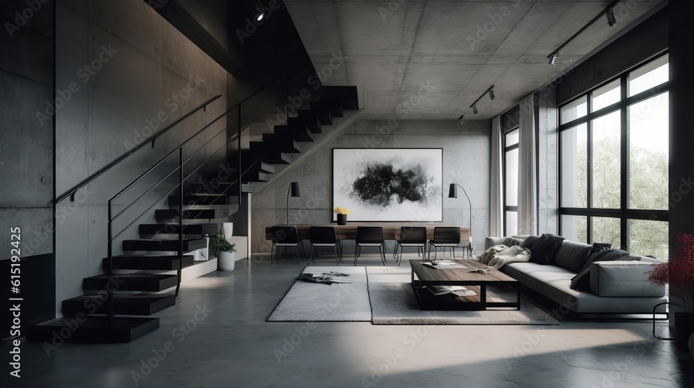Modern Living room, natural lighting with dark grey theme wall and sofa, generative ai