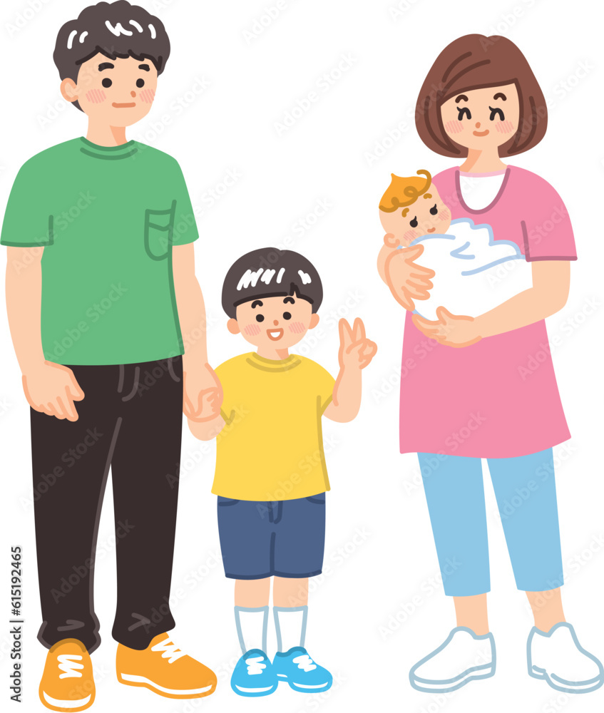 息子と手を繋ぐ父親　赤ちゃんを抱く母親