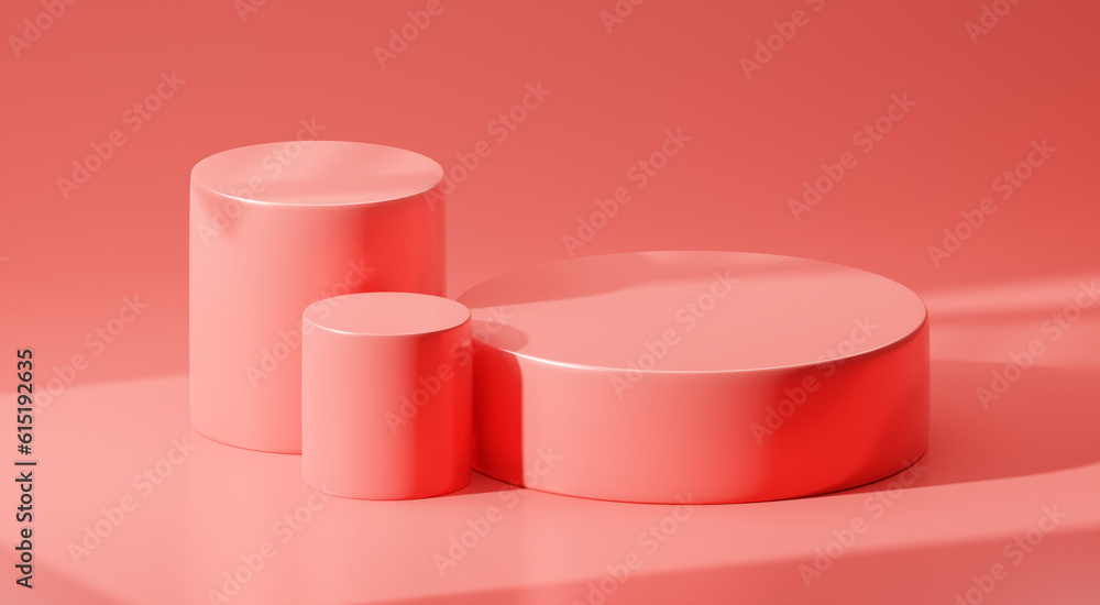 Pink product background stand or podium pedestal on advertising display with blank backdrops. 3D rendering.